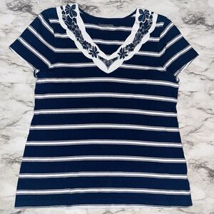 Croft & Barrow Short Sleeve Striped Lace V-neck Blue Women M Nautical Boho